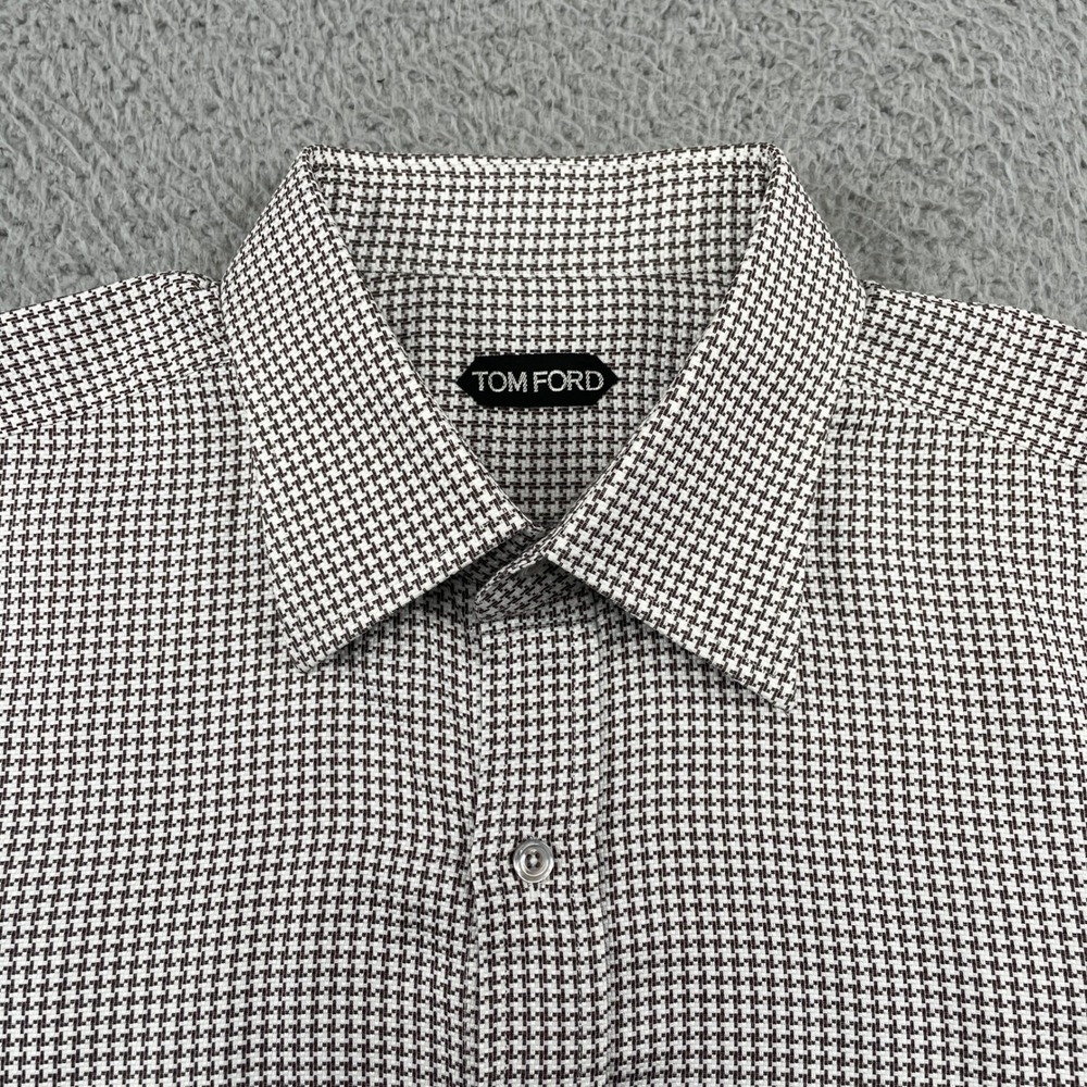 Tom Ford Dress Shirt Mens 17.75 Brown White Houndstooth French Cuff Cotton Shirt